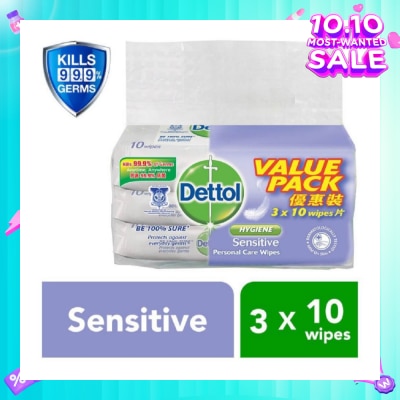 DETTOL Anti-Bacterial Wet Wipes Sensitive 10s x 3 pack (Expiry: May`2026)