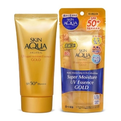 SUNPLAY Skin Aqua Super Moisture UV Essence SPF50+ GOLD (Mild & Gentle Formula, Non-sticky, Allergen Defense technology, Fragrance Free) 80g