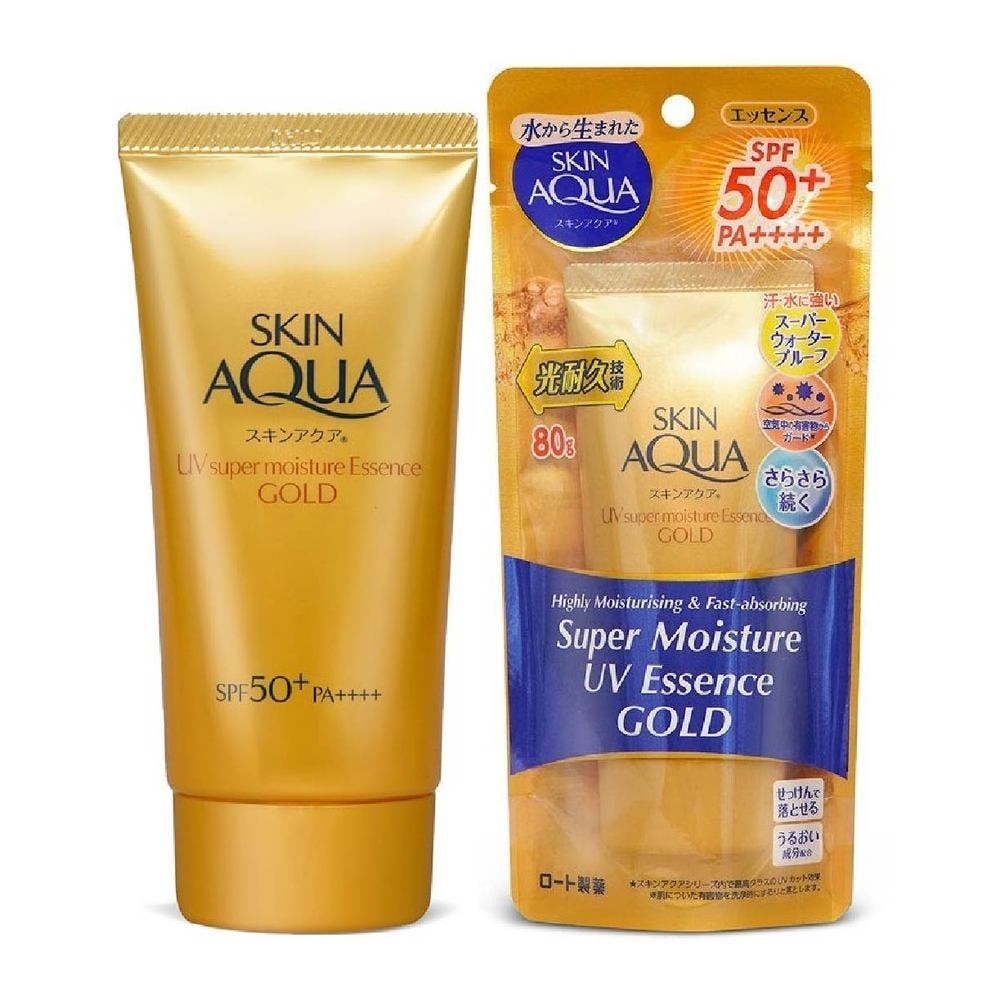 Skin Aqua Super Moisture UV Essence SPF50+ GOLD (Mild & Gentle Formula, Non-sticky, Allergen Defense technology, Fragrance Free) 80g