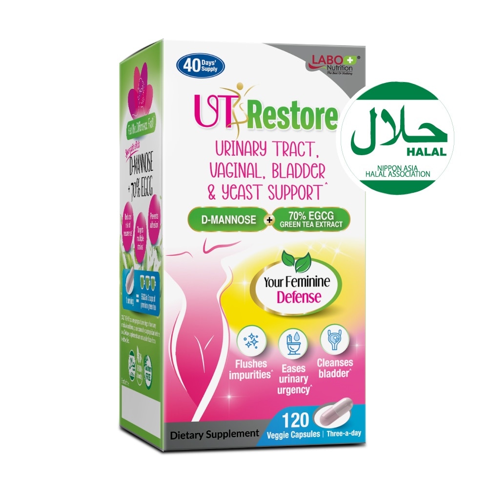 UTRestore Urinary Tract, Vaginal, Bladder & Yeast Support Dietary Supplement Veggie Capsules (With D-Mannose & EGCG Green Tea Extract) 120s