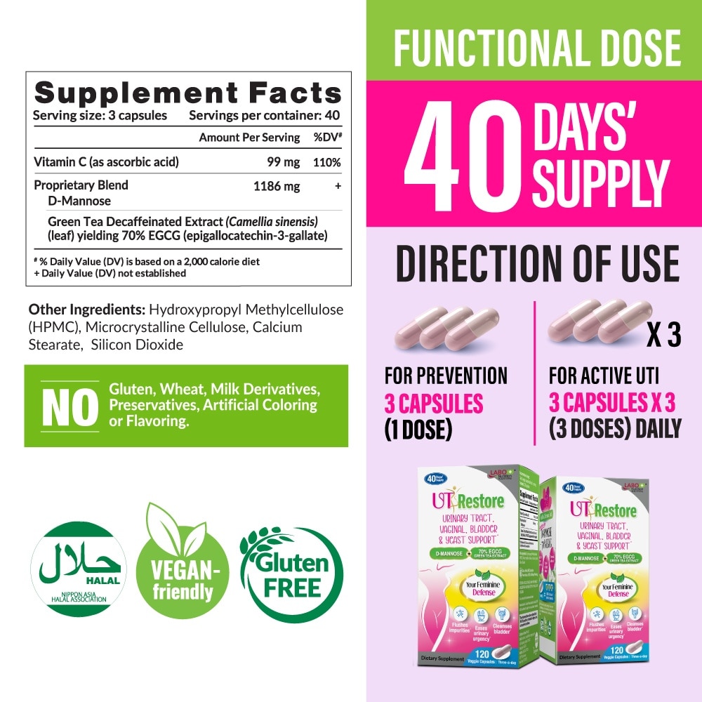 UTRestore Urinary Tract, Vaginal, Bladder & Yeast Support Dietary Supplement Veggie Capsules (With D-Mannose & EGCG Green Tea Extract) 120s