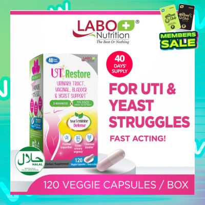 LABO NUTRITION UTRestore Urinary Tract, Vaginal, Bladder & Yeast Support Dietary Supplement Veggie Capsules (With D-Mannose & EGCG Green Tea Extract) 120s