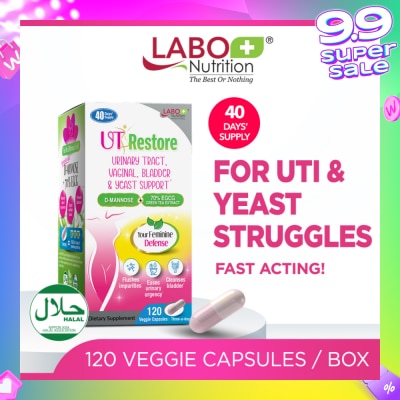 LABO NUTRITION UTRestore Urinary Tract, Vaginal, Bladder & Yeast Support Dietary Supplement Veggie Capsules (With D-Mannose & EGCG Green Tea Extract) 120s