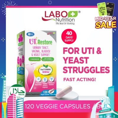 LABO NUTRITION UTRestore Urinary Tract, Vaginal, Bladder & Yeast Support Dietary Supplement Veggie Capsules (With D-Mannose & EGCG Green Tea Extract) 120s