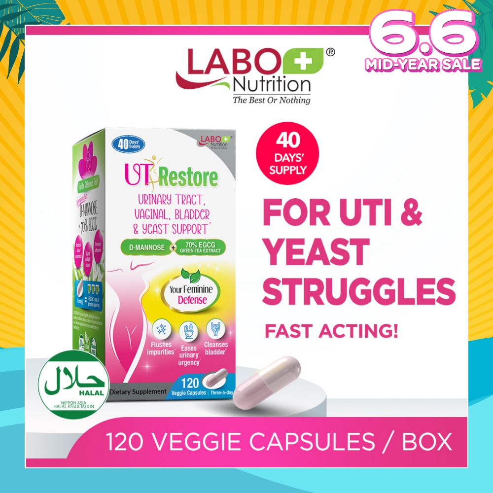 UTRestore Urinary Tract, Vaginal, Bladder & Yeast Support Dietary Supplement Veggie Capsules (With D-Mannose & EGCG Green Tea Extract) 120s