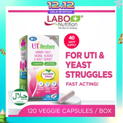 LABO NUTRITION UTRestore Urinary Tract, Vaginal, Bladder & Yeast Support Dietary Supplement Veggie Capsules (With D-Mannose & EGCG Green Tea Extract) 120s