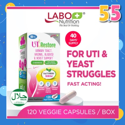 LABO NUTRITION UTRestore Urinary Tract, Vaginal, Bladder & Yeast Support Dietary Supplement Veggie Capsules (With D-Mannose & EGCG Green Tea Extract) 120s