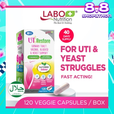 LABO NUTRITION UTRestore Urinary Tract, Vaginal, Bladder & Yeast Support Dietary Supplement Veggie Capsules (With D-Mannose & EGCG Green Tea Extract) 120s