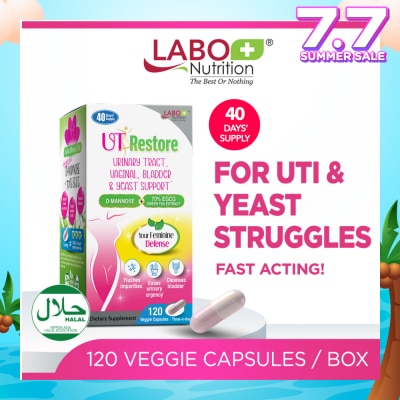 LABO NUTRITION UTRestore Urinary Tract, Vaginal, Bladder & Yeast Support Dietary Supplement Veggie Capsules (With D-Mannose & EGCG Green Tea Extract) 120s