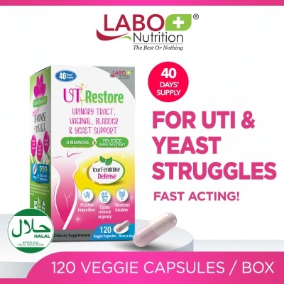 LABO NUTRITION UTRestore Urinary Tract, Vaginal, Bladder & Yeast Support Dietary Supplement Veggie Capsules (With D-Mannose & EGCG Green Tea Extract) 120s