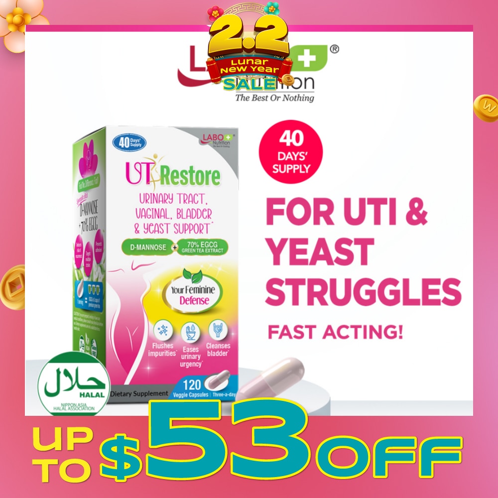 UTRestore Urinary Tract, Vaginal, Bladder & Yeast Support Dietary Supplement Veggie Capsules (With D-Mannose & EGCG Green Tea Extract) 120s