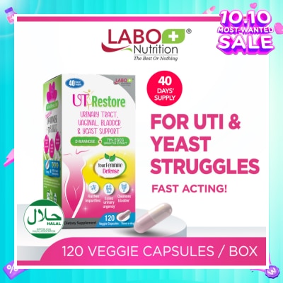 LABO NUTRITION UTRestore Urinary Tract, Vaginal, Bladder & Yeast Support Dietary Supplement Veggie Capsules (With D-Mannose & EGCG Green Tea Extract) 120s