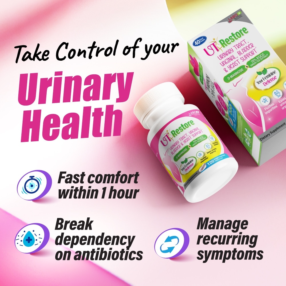 UTRestore Urinary Tract, Vaginal, Bladder & Yeast Support Dietary Supplement Veggie Capsules (With D-Mannose & EGCG Green Tea Extract) 120s