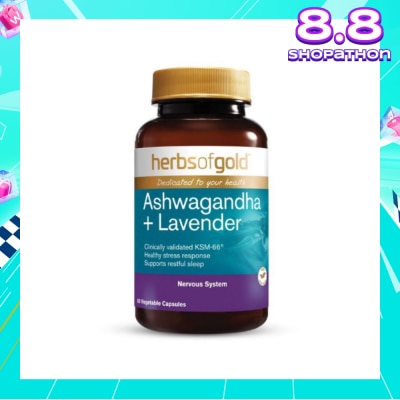 HERBS OF GOLD Ashwagandha + Lavender Vegetable Capsule (For Mental Wellness, Stress Relief, Relaxation & Sleep) 60s