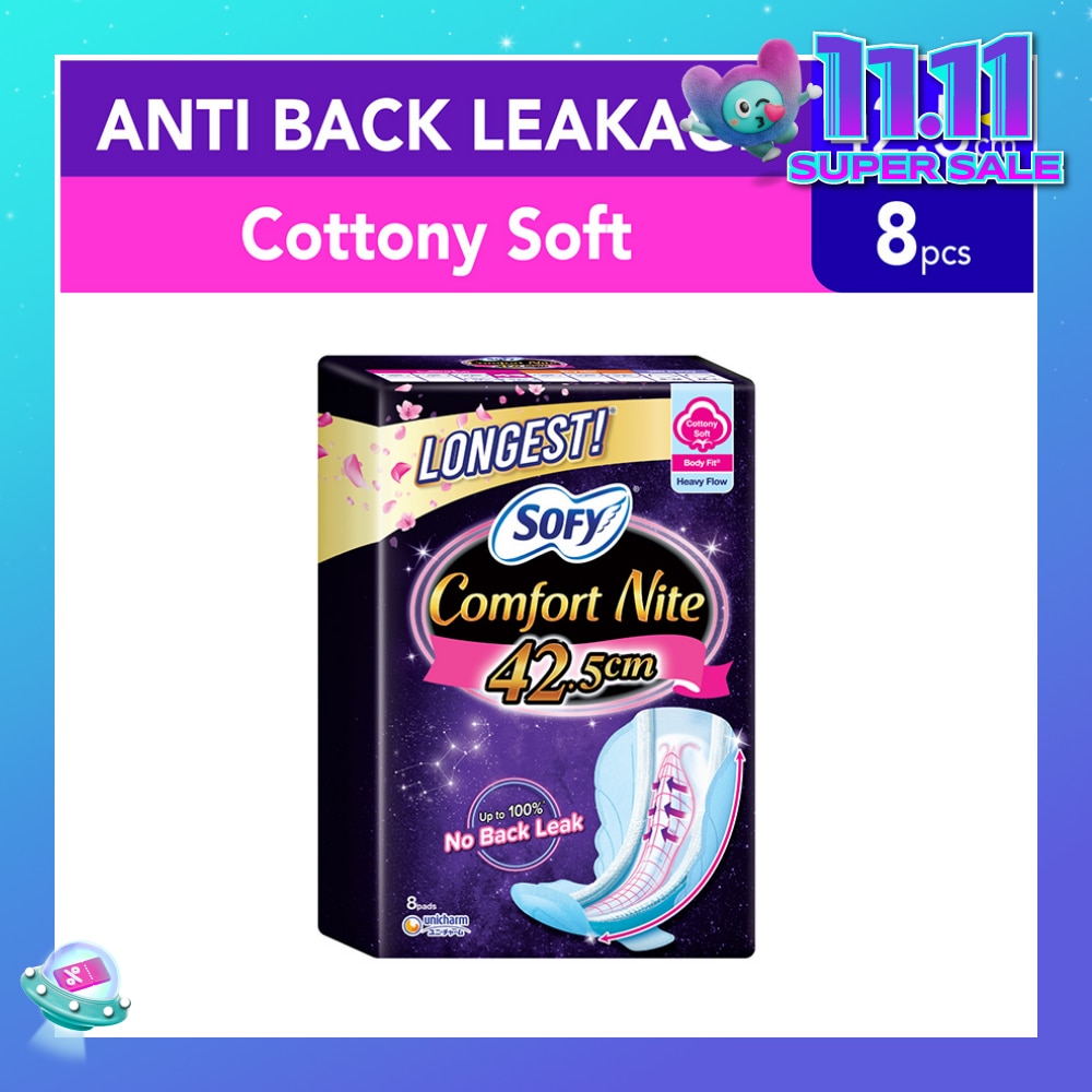 Comfort Nite Longest Cottony Soft Motion Fit Anti-Back Leakage Sanitary Pad Night Wing 42.5cm (For Heavy Flow) 8s