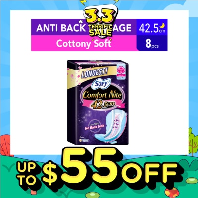 SOFY Comfort Nite Longest Cottony Soft Motion Fit Anti-Back Leakage Sanitary Pad Night Wing 42.5cm (For Heavy Flow) 8s