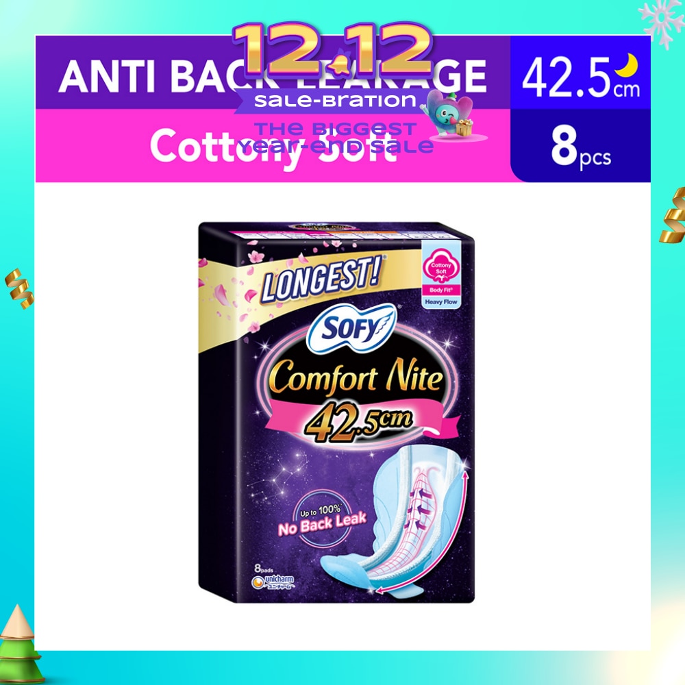 Comfort Nite Longest Cottony Soft Motion Fit Anti-Back Leakage Sanitary Pad Night Wing 42.5cm (For Heavy Flow) 8s