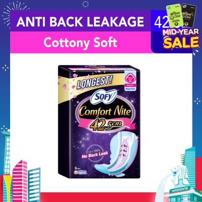 SOFY Comfort Nite Longest Cottony Soft Motion Fit Anti-Back Leakage Sanitary Pad Night Wing 42.5cm (For Heavy Flow) 8s