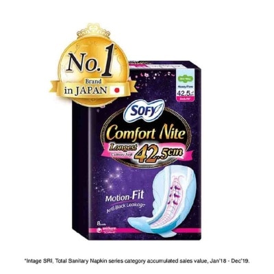 SOFY Comfort Nite Longest Cottony Soft Motion Fit Anti-Back Leakage Sanitary Pad Night Wing 42.5cm (For Heavy Flow) 8s