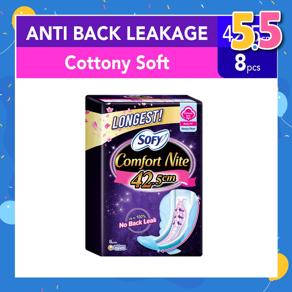 Comfort Nite Longest Cottony Soft Motion Fit Anti-Back Leakage Sanitary Pad Night Wing 42.5cm (For Heavy Flow) 8s