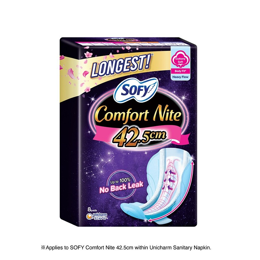 Comfort Nite Longest Cottony Soft Motion Fit Anti-Back Leakage Sanitary Pad Night Wing 42.5cm (For Heavy Flow) 8s