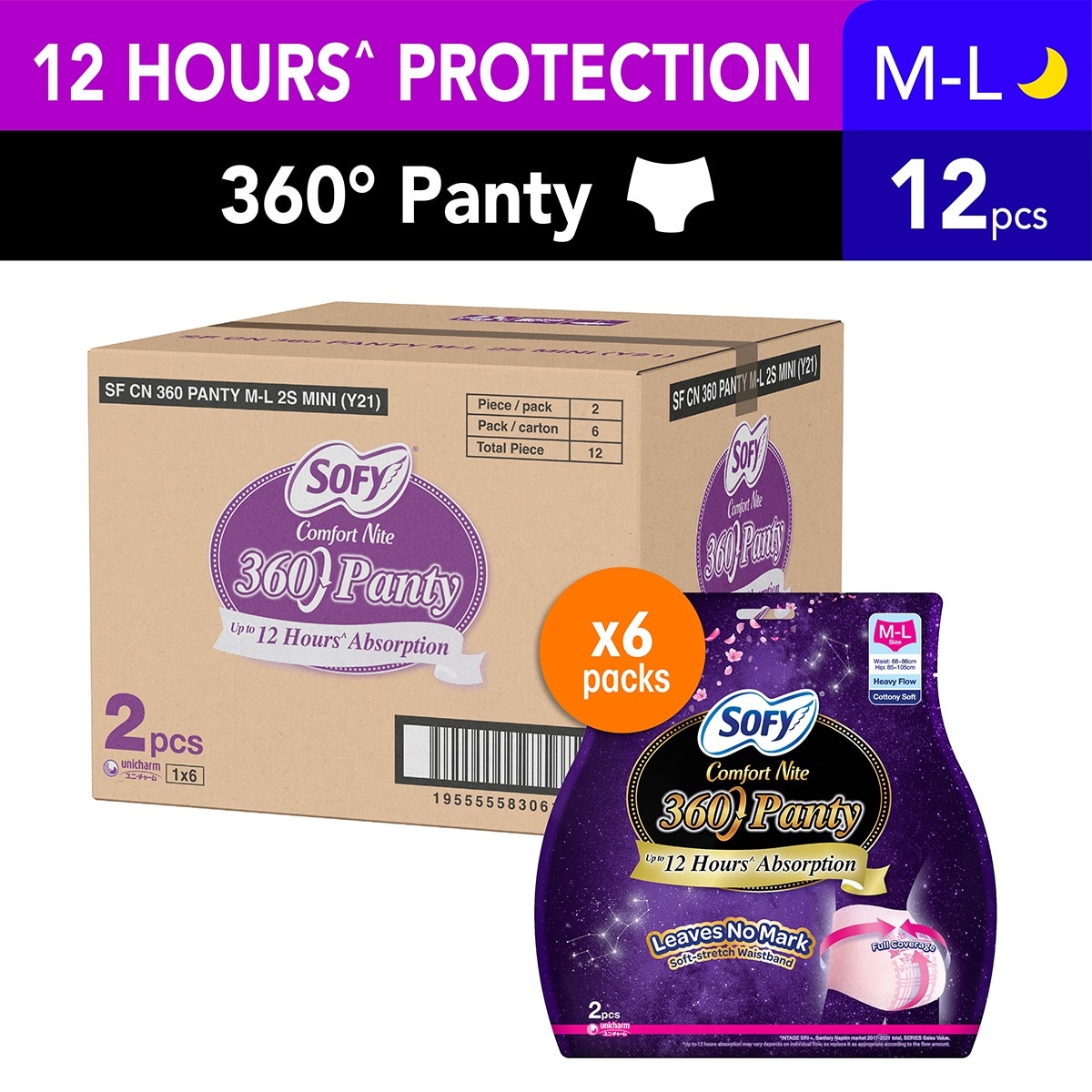 Comfort Nite 360 Panty M-L (Waist 68-86cm Hip 85-105cm) 2s x 6 (Per Carton)