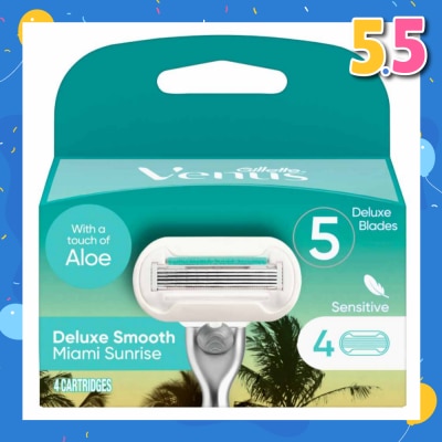 GILLETTE VENUS Miami Sunrise 5 Deluxe Smooth Sensitive Blade Cartridges Refills Value Pack (With A Touch Of Aloe) 4s