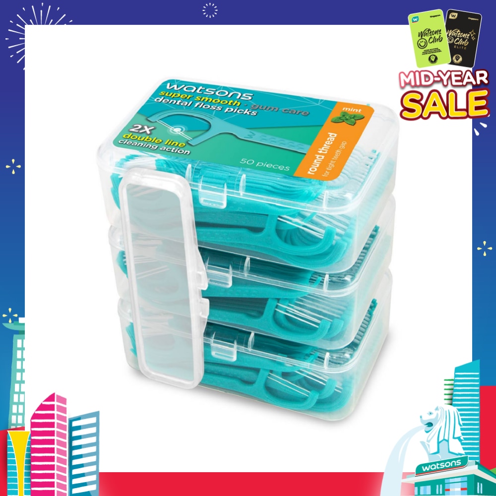 Super Smooth Mint Dental Floss Picks (Round Thread + Double Line) 50s x 3 Boxes