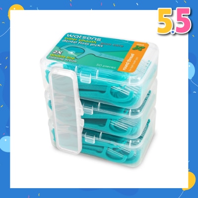 WATSONS Super Smooth Mint Dental Floss Picks (Round Thread + Double Line) 50s x 3 Boxes