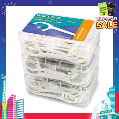 WATSONS Super Smooth Dental Floss Picks (Round Thread + Single Line) 50s x 3 Boxes
