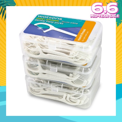 WATSONS Super Smooth Dental Floss Picks (Round Thread + Single Line) 50s x 3 Boxes