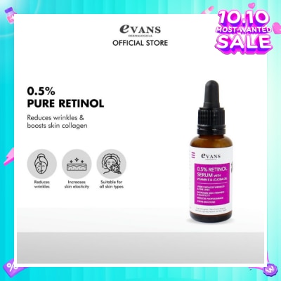 EVANS 0.5% Retinol Serum With Vitamin E & Jojoba Oil (For Anti-Aging, Reduces Wrinkles & Firms Skin) 30ml