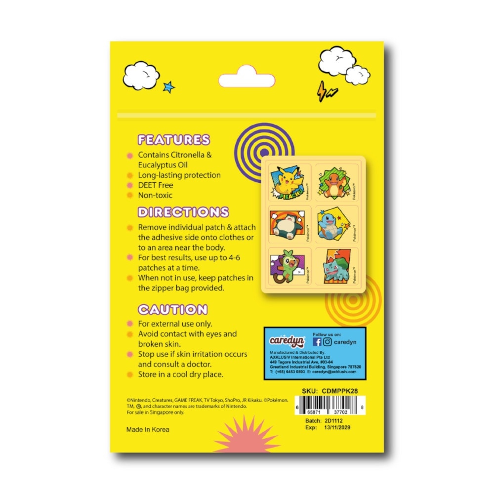 Pokemon Mosquito Repellent Patch Citronella & Eucalyptus Oil 18s