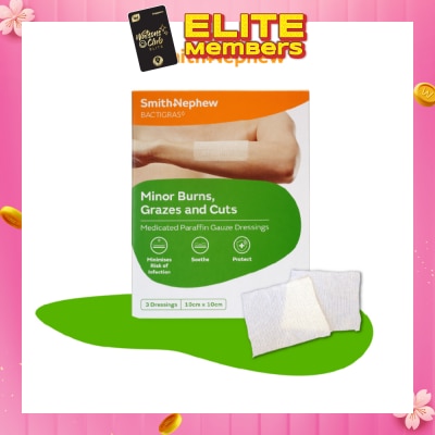 SMITH & NEPHEW Bactigras Minor Burrns, Grazes and Cuts 10cm x 10cm 3s