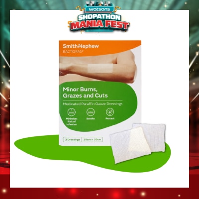 SMITH & NEPHEW - Bactigras Minor Burrns, Grazes and Cuts 10cm x 10cm 3s