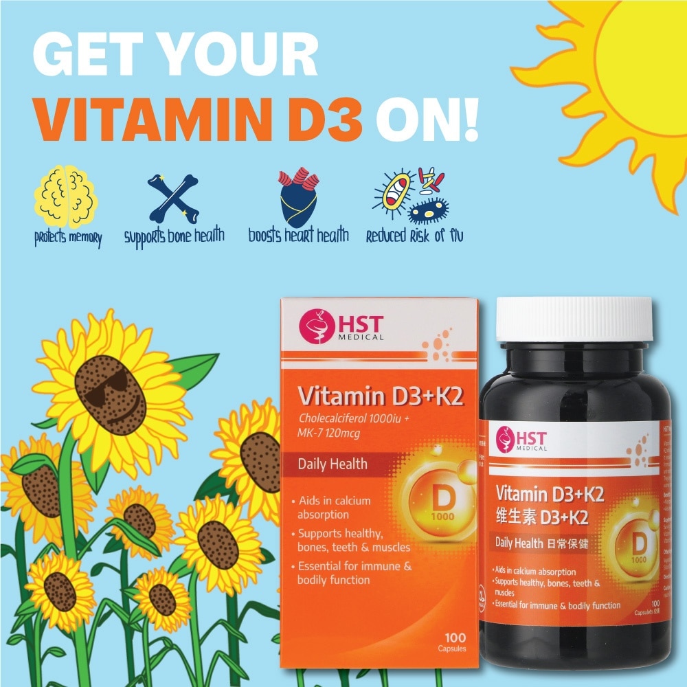 Vitamin D3 + K2 Cholecalciferol 1000iu + MK-7 120mcg Capsule (To Supports Healthy, Bones, Teeth & Muscles) 100s