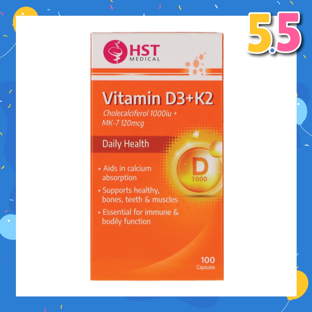 Vitamin D3 + K2 Cholecalciferol 1000iu + MK-7 120mcg Capsule (To Supports Healthy, Bones, Teeth & Muscles) 100s