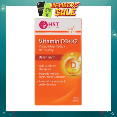 HST - Vitamin D3 + K2 Cholecalciferol 1000iu + MK-7 120mcg Capsule (To Supports Healthy, Bones, Teeth & Muscles) 100s