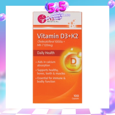 HST - Vitamin D3 + K2 Cholecalciferol 1000iu + MK-7 120mcg Capsule (To Supports Healthy, Bones, Teeth & Muscles) 100s