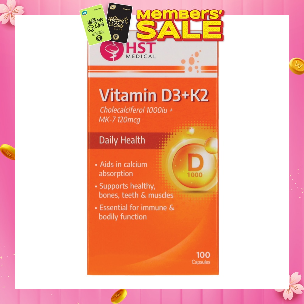 Vitamin D3 + K2 Cholecalciferol 1000iu + MK-7 120mcg Capsule (To Supports Healthy, Bones, Teeth & Muscles) 100s