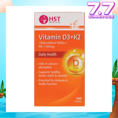 HST Vitamin D3 + K2 Cholecalciferol 1000iu + MK-7 120mcg Capsule (To Supports Healthy, Bones, Teeth & Muscles) 100s