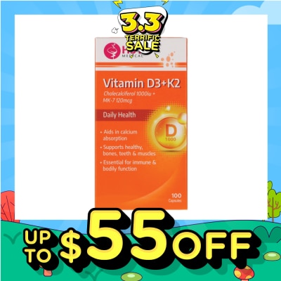 HST Vitamin D3 + K2 Cholecalciferol 1000iu + MK-7 120mcg Capsule (To Supports Healthy, Bones, Teeth & Muscles) 100s