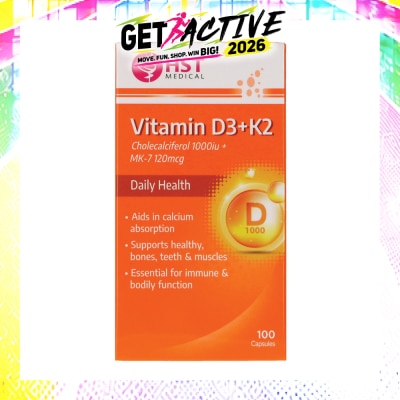 HST - Vitamin D3 + K2 Cholecalciferol 1000iu + MK-7 120mcg Capsule (To Supports Healthy, Bones, Teeth & Muscles) 100s image