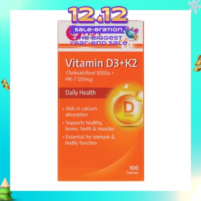 HST Vitamin D3 + K2 Cholecalciferol 1000iu + MK-7 120mcg Capsule (To Supports Healthy, Bones, Teeth & Muscles) 100s