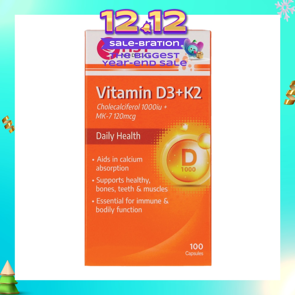 Vitamin D3 + K2 Cholecalciferol 1000iu + MK-7 120mcg Capsule (To Supports Healthy, Bones, Teeth & Muscles) 100s