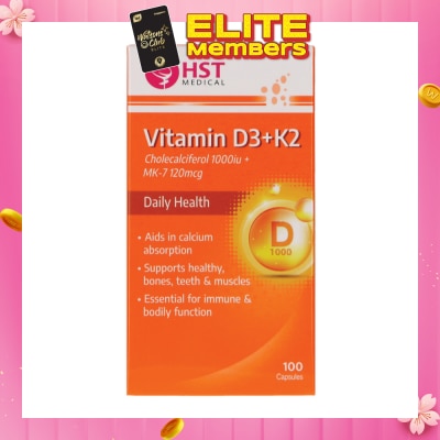 HST Vitamin D3 + K2 Cholecalciferol 1000iu + MK-7 120mcg Capsule (To Supports Healthy, Bones, Teeth & Muscles) 100s