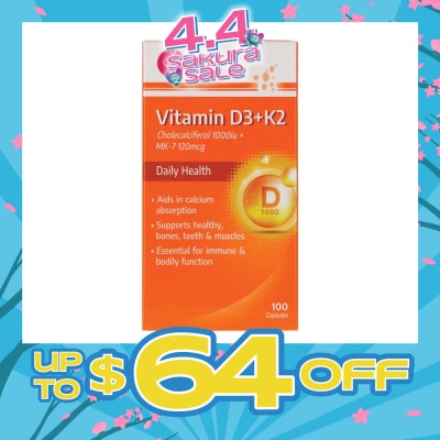 HST - Vitamin D3 + K2 Cholecalciferol 1000iu + MK-7 120mcg Capsule (To Supports Healthy, Bones, Teeth & Muscles) 100s