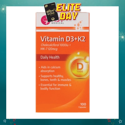 HST - Vitamin D3 + K2 Cholecalciferol 1000iu + MK-7 120mcg Capsule (To Supports Healthy, Bones, Teeth & Muscles) 100s