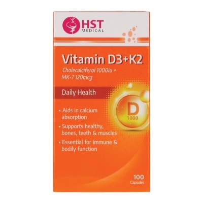 HST Vitamin D3 + K2 Cholecalciferol 1000iu + MK-7 120mcg Capsule (To Supports Healthy, Bones, Teeth & Muscles) 100s