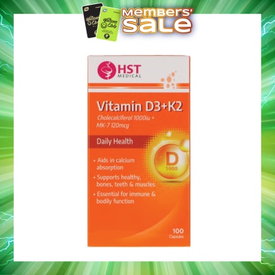 HST - Vitamin D3 + K2 Cholecalciferol 1000iu + MK-7 120mcg Capsule (To Supports Healthy, Bones, Teeth & Muscles) 100s